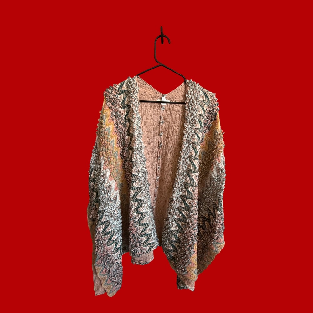 Mudd Vintage Boho Textured Knit Oversized Cardigan Poncho Pink Multi One Size